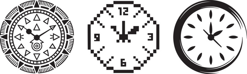 Three different clock icon styles. Round time devices. Pixel clock. Analog clock. Time measurement