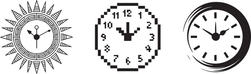 Three different clock icon styles. Round time devices. Pixel clock. Analog clock. Time measurement