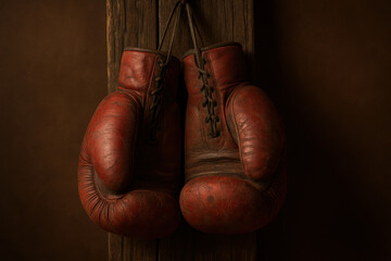 Vintage red leather boxing gloves hanging on rustic wooden plank, classic sports equipment symbolizing strength and history