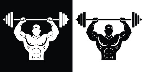 Powerful bodybuilder lifting barbell in contrasting black and white backgrounds