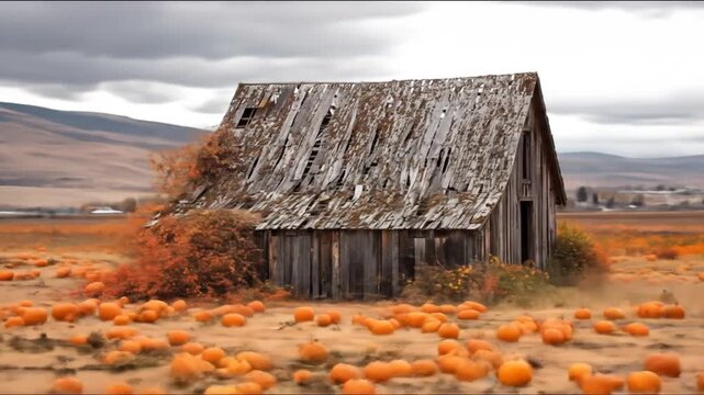 Rural autumn scene: Weathered wooden barn amidst a field of scattered orange pumpkins under an overcast sky, rustic fall harvest.