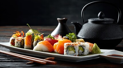 Artfully Arranged Sushi  Sashimi Platter with Black Teapot, Dramatic Lighting, and Chopsticks.