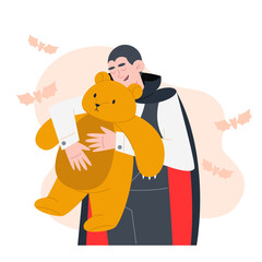 Cartoon vampire hugging a teddy bear with bats and a peach circle