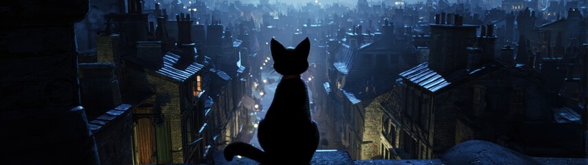 Silhouette of a cat observing the cityscape under rain illustration