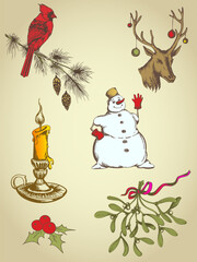 Christmas illustrations cardinal snowman reindeer candle holly and mistletoe