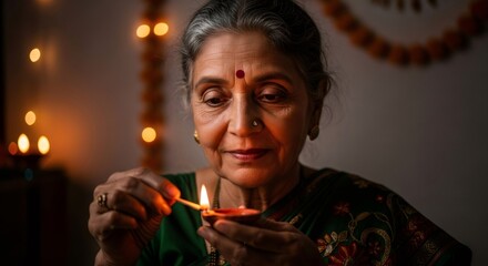 Older woman lighting diya lamp for Diwali celebration. Traditional Indian festival of lights concept and religious ceremony.