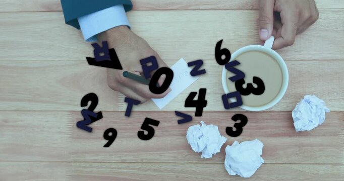 business hand entering frame on desk sending swirling digits inscribing date on card beside coffee