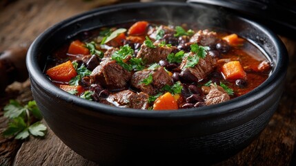 A Rustic Cauldron of Steaming Hearty Beef Stew with Carrots and Black Beans.