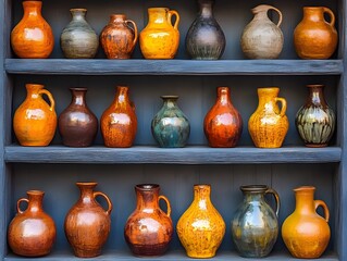 Vintage Pottery Jugs Collection on Wooden Shelf