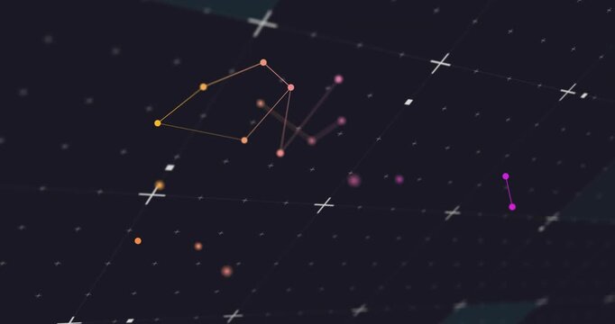 Colored dots materializing at center linking merging into network above teal plane amid cross grid