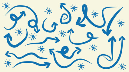 Arrow on isolated white background. Hand drawn wavy arrows. Set of different pointers