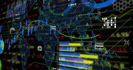 Numeric rows starting candlestick bars, lines, curves moving into neon map, showing global finance - Powered by Adobe