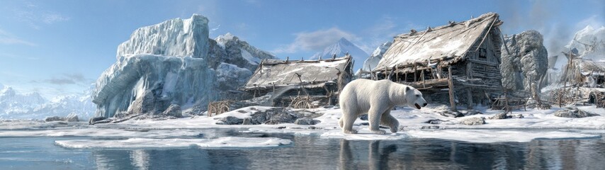 Polar bear walking near structures in arctic environment under bright sunlight