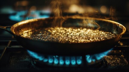 Golden Grains Sizzle in a Hot Skillet Under Intense Blue Gas Flame, Evoking Culinary Warmth and Aromatic Anticipation.