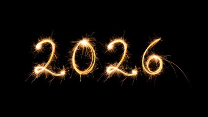 Sparkling golden 2026 fireworks in dark background