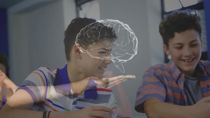 striped teen glancing as hand overlay showing rotating brain in class, plaid teen tapping phone - Powered by Adobe