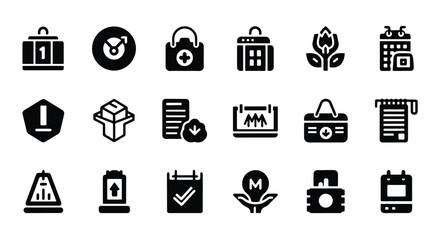 Diverse set of black and white icons representing business technology and safety elements  - Basic icon for website design, logo, app, template, ui, infographic