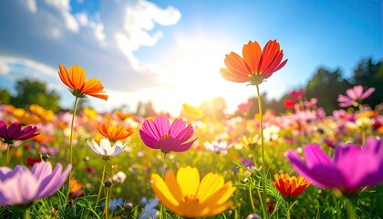 Radiant Cosmos Field Under Bright Sunlight with Vibrant Flowers and Green Meadow Against a Vivid Blue Sky, Capturing the Essence of Summer in a Serene Landscape