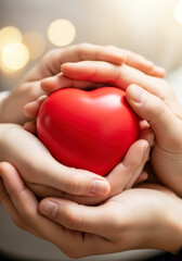 Fototapeta premium Hands Holding Red Heart Symbolizing Kindness. Compassion and Care on World Kindness Day