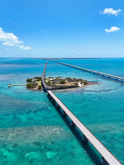 Aerial view of historic Pigeon Key along the old seven mile bridge next to the new seven mile bridge in Monroe County, Florida. 