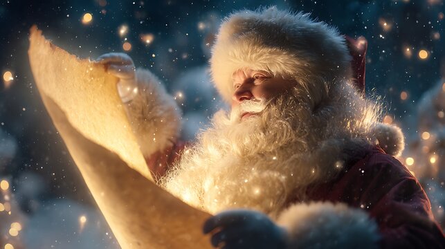 Santa Claus reading glowing scroll with magical light. Festive winter atmosphere with golden sparkles, snowflakes and Christmas spirit. Holiday season concept