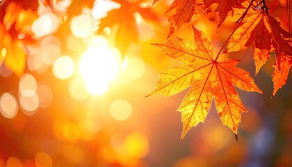 Radiant Maple Leaves Glowing in Sunlight Autumn Backdrop with Bokeh Sunlight and Vibrant Orange Hues Creating a Warm and Inviting Autumnal Ambiance