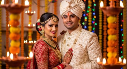 Obraz premium Indian wedding couple in traditional attire, celebrating Diwali with bright oil lamps and colorful garlands. Festive Hindu ceremony for love and unity.