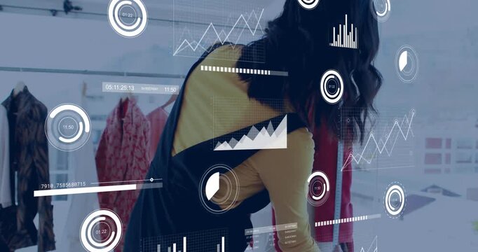 Fashion designer touching red jacket on form and measuring bust with animated lines for sketching