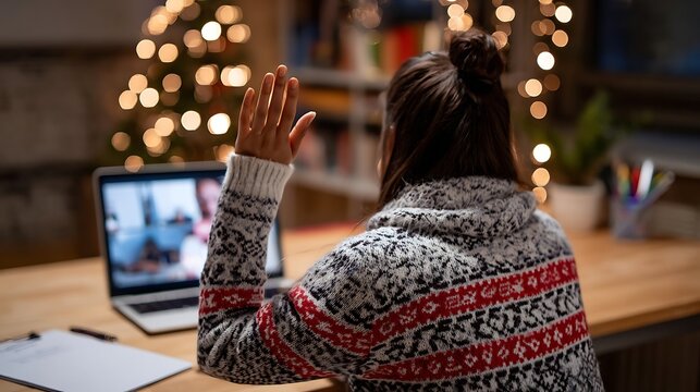 Woman in winter sweater joining online holiday call. Christmas tree and glowing lights in background create warm and festive atmosphere - Powered by Adobe