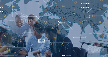 Digital screen with world map icons presenting data sparking team working at table sharing tablet - Powered by Adobe