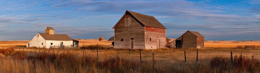 Rustic farm buildings silhouetted against a blue sky and open field