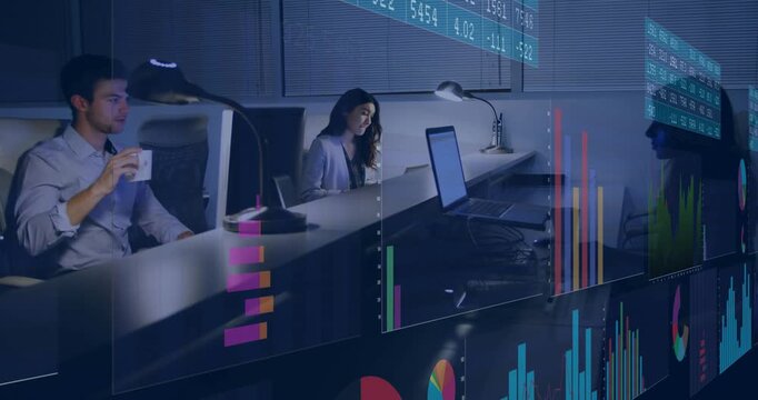 Office analysts viewing financial bar charts appearing and shifting, scrolling and typing inputs