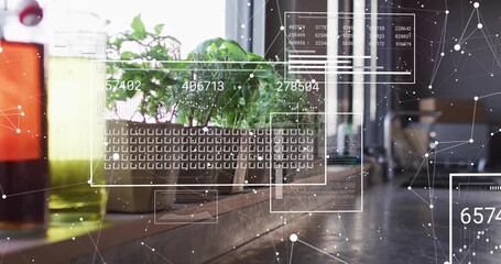Network nodes popping up over herb planter, AR panels updating stats to show growth progress - Powered by Adobe