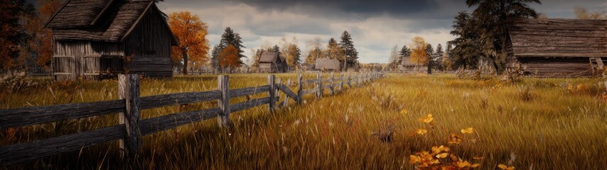 Idyllic rural scene with weathered wooden fence and rustic buildings under a cloudy sky