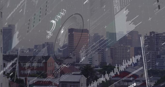 Faint white crosses and dash marks floating and activating arcs bars graphs trending over skyline