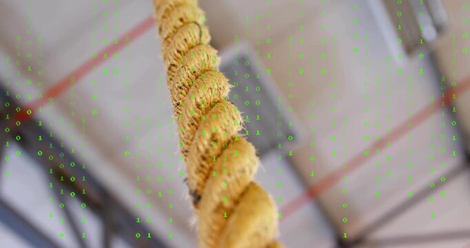 Code overlay initiating camera tilting down tracking swaying braided rope highlighting structure