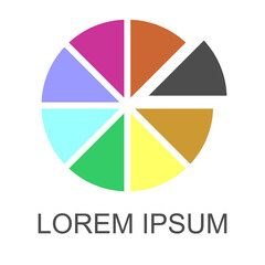 Vector illustration of a colorful, segmented pie chart divided into 8 unequal parts. Ideal for business presentation, data visualization, financial analysis, logo design, and infographic layouts