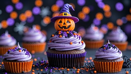 Halloween cupcakes topped with purple color frosting and decorated with Jack-O-Lantern 