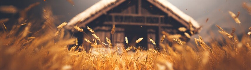 Rural landscape with traditional wooden building and golden crops in focus