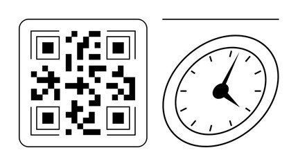 QR code beside analog clock conveying a blend of technology and punctuality. Ideal for innovation, time tracking, planning, scanning, digital tools, business strategies, simple flat metaphor