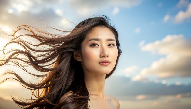 Asian woman hair blowing