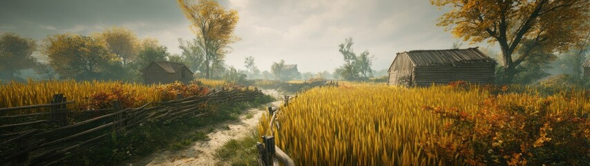 Scenic landscape of field with barn and path during daytime