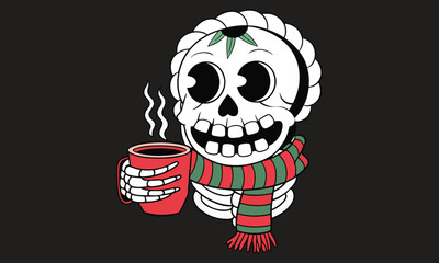 Cute Skeleton with Coffee Art | Holiday Skeleton Drinking Coffee | Funny Winter Skull Design

