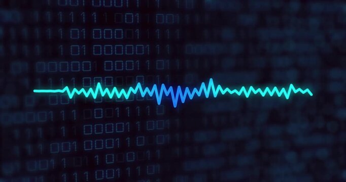 Scene opening with binary code, waveform oscillating, spiking and calming visualizing audio signal