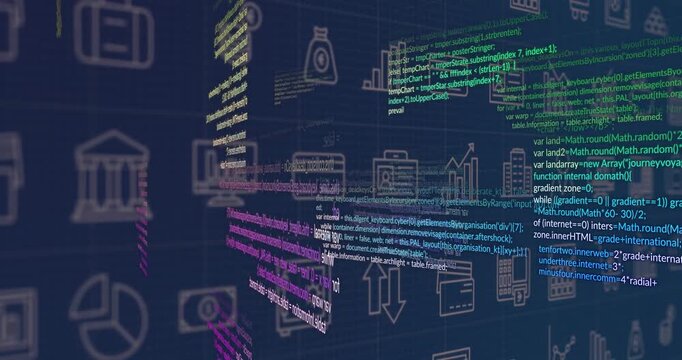 Yellow code block appearing over icon grid initiating rotating panels visualizing finance data