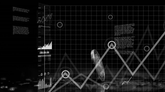 Coin getting nudged, tilting and spinning to reveal face as digital charts converging show growth
