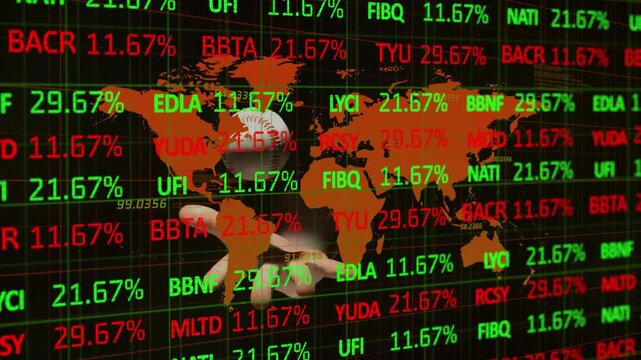 With codes scrolling, hand holding baseball while percentages shifting illustrating volatility