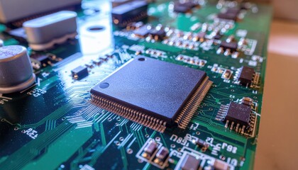 Obraz premium Macro Shot of a Green Circuit Board with Integrated Circuits Detailed View