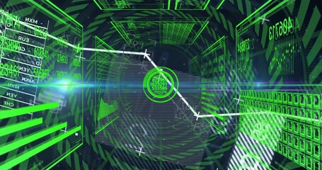 Rapid zooming into HUD focusing values while polyline graph bending, panels rotating showing data - Powered by Adobe
