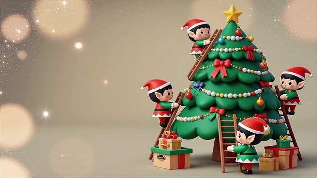 Cute 3D animated Christmas elves decorating festive tree with ladders ornaments and gift boxes holiday scene
